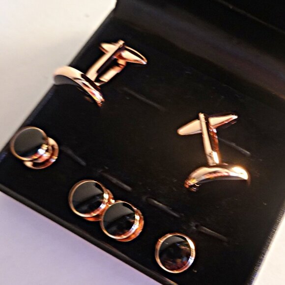 Rose Gold and Onyx Tuxedo Cufflinks and Shirt Studs - Picture 1 of 2